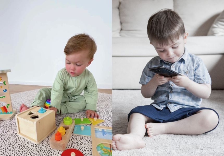 8. Kind das mit Mindbox Spielzeug spielt zeigen vs Kind am Handy